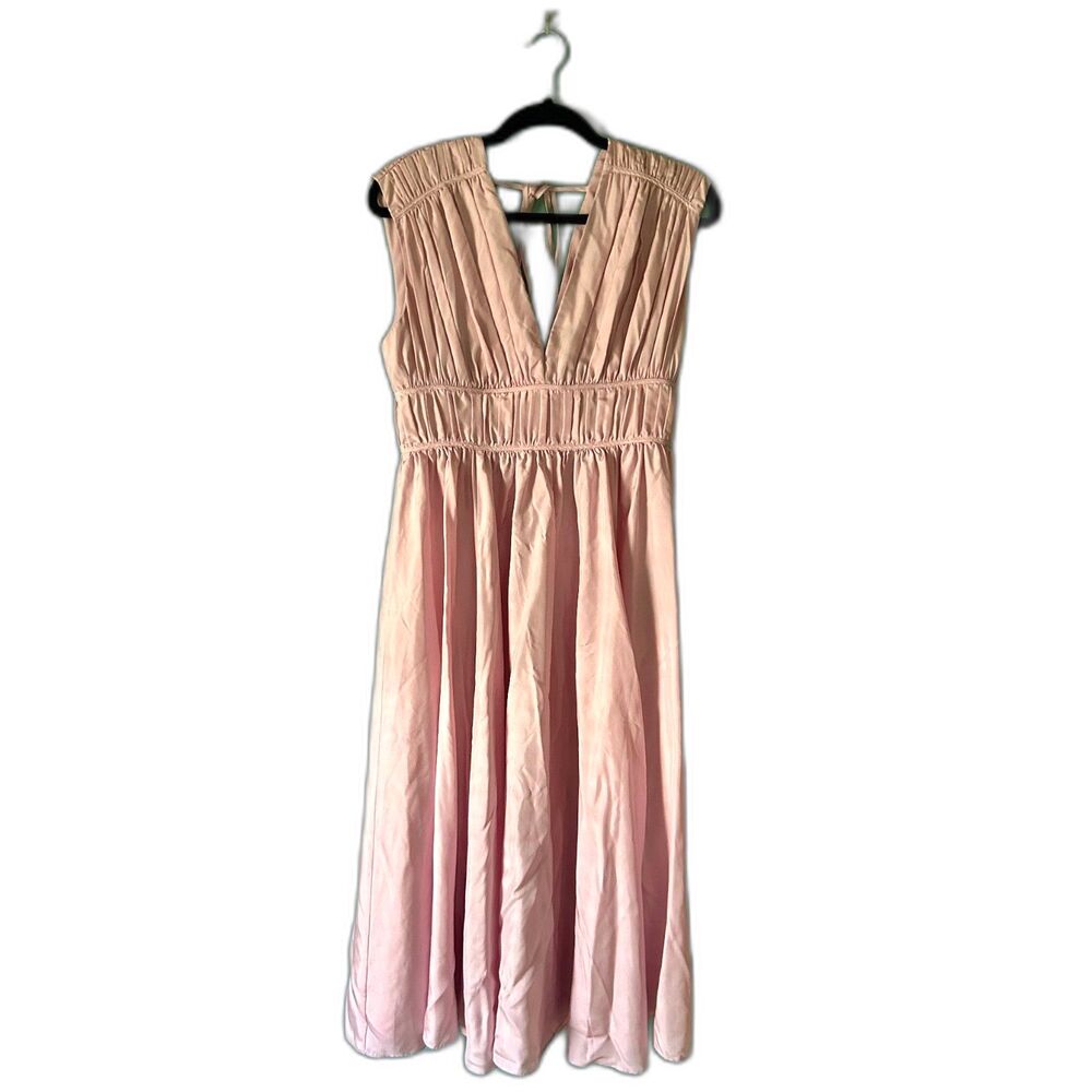NWT J Crew pink midi dress features a deep V-neck and a flattering A-line size 2